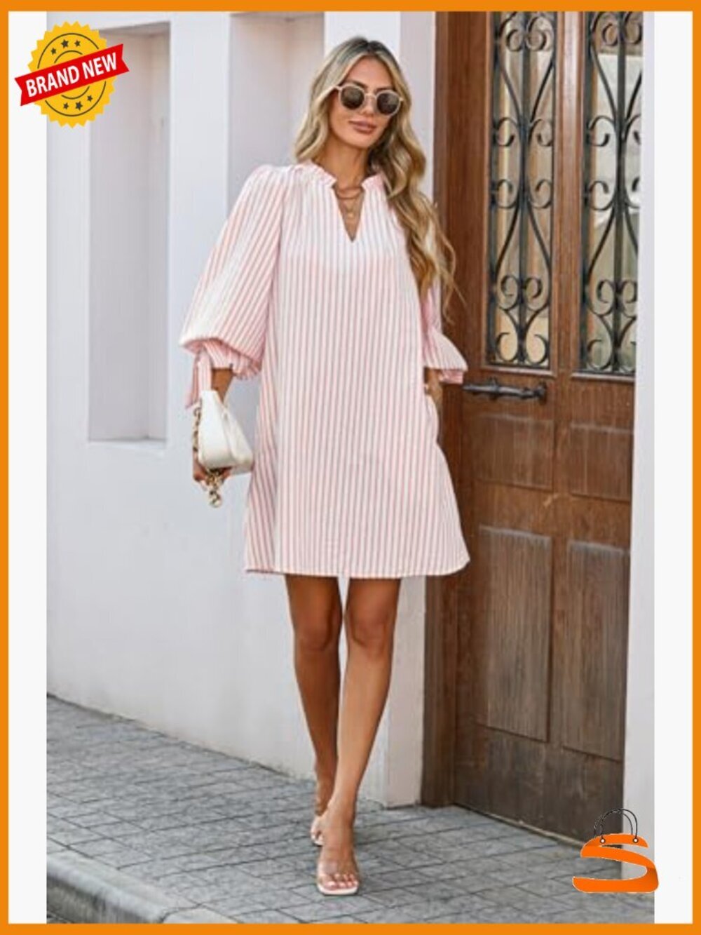 V Neck 3/4 Puff Sleeve Striped A Line Shirt Dress with Pockets - Picture 4 of 6